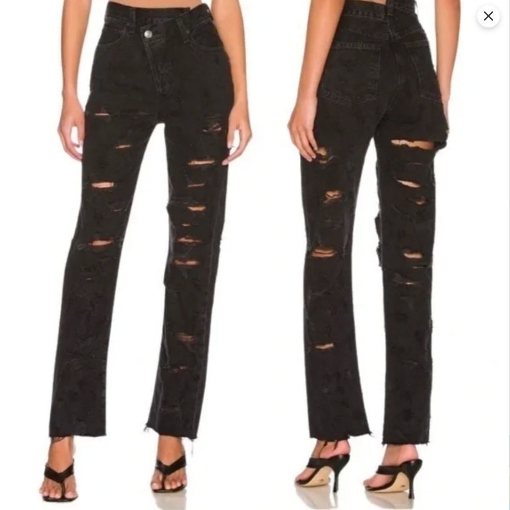 AGOLDE Criss Cross Straight High Waist Jeans Shambles Distressed Jeans 27 Black